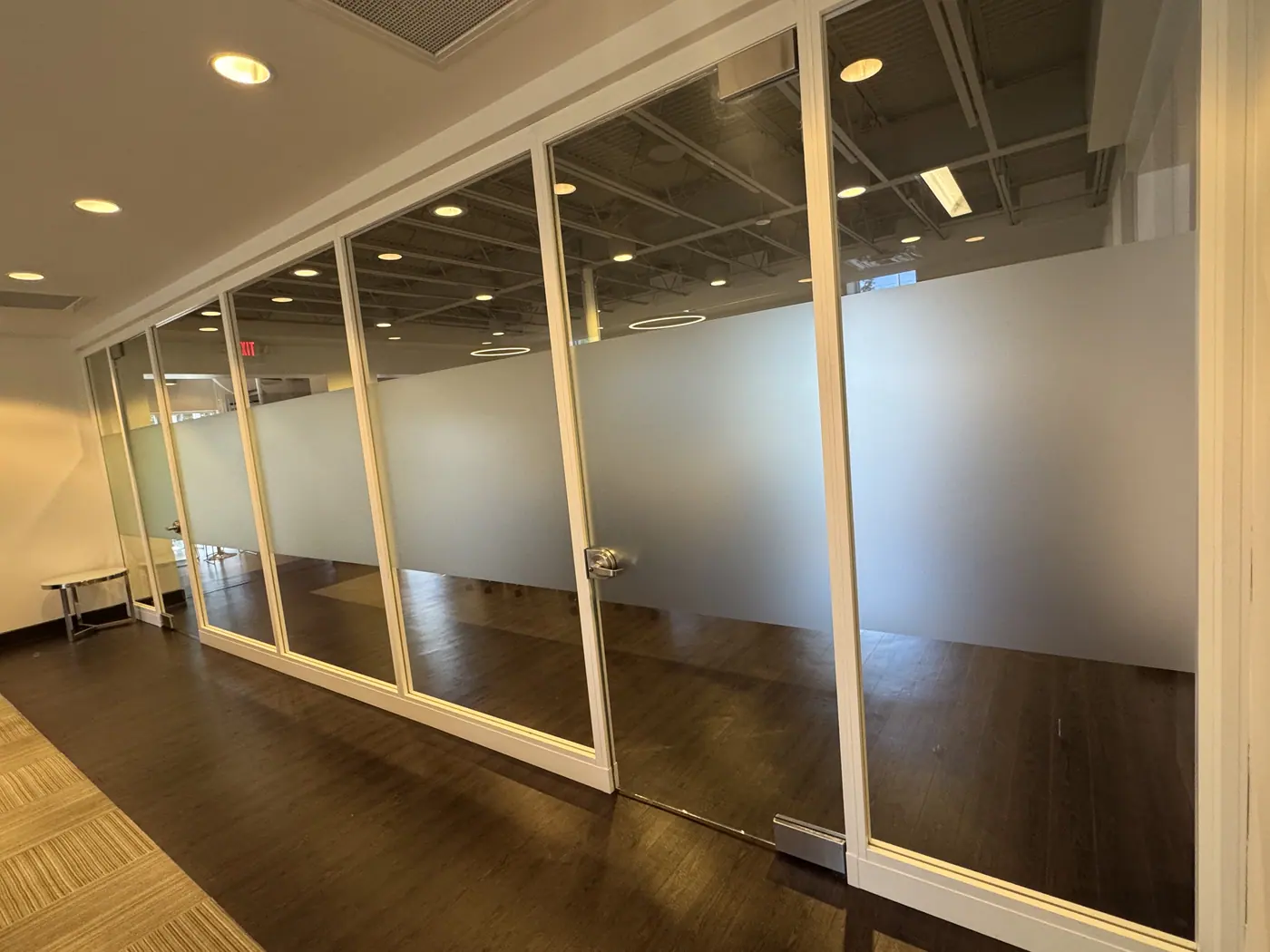 Office corridor, frosted glass fronts