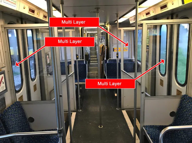 Light-rail interior partitions with multi-layer film