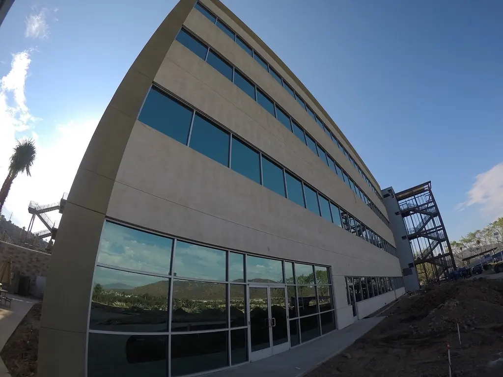 Window film on a four-story office building